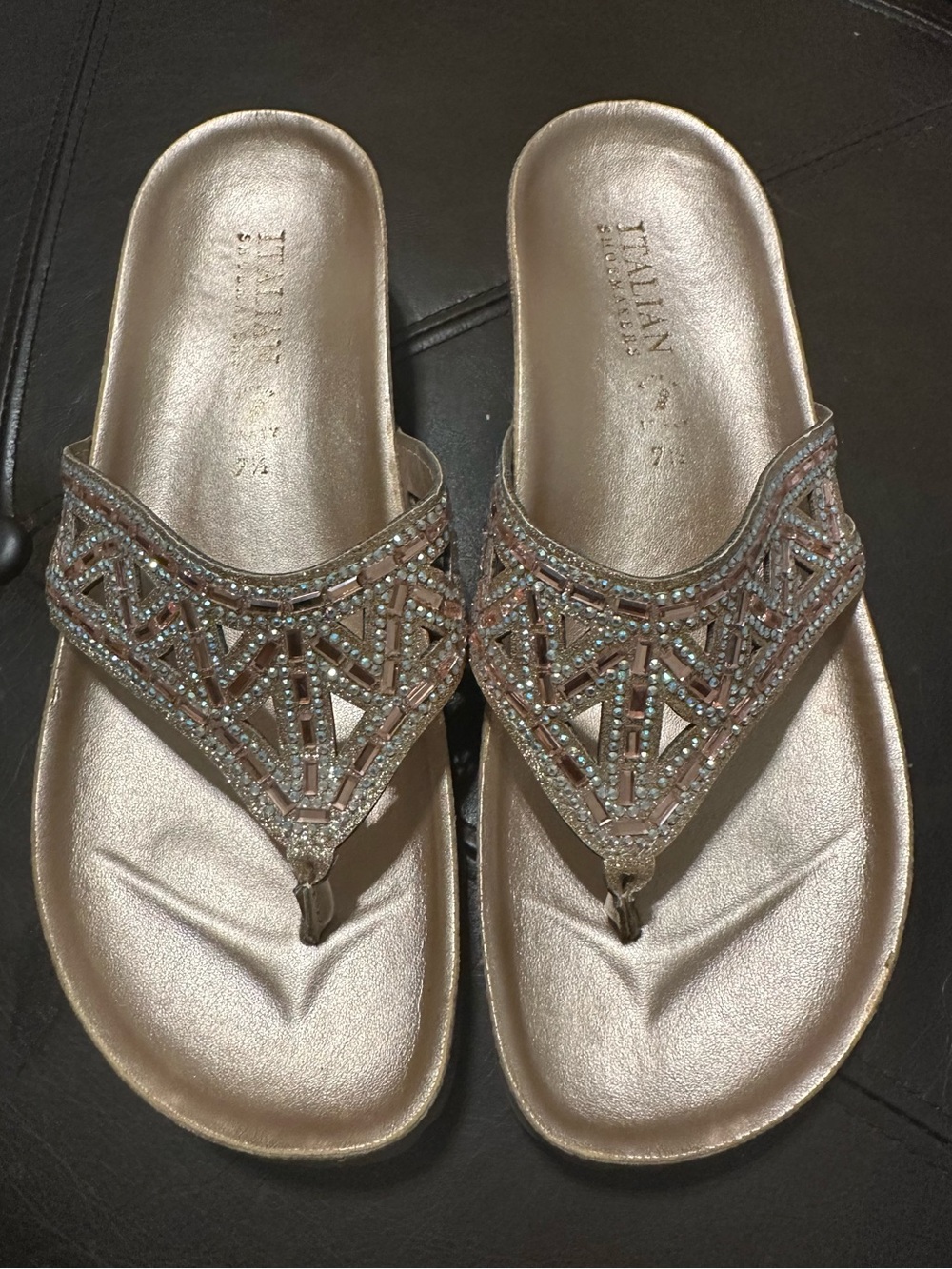 Italian Shoemakers Metallic Rose Beaded Swarovski Thong Sandals